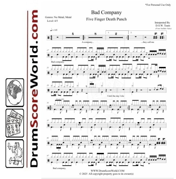 Five Finger Death Punch - Bad Company - Drum Sheet